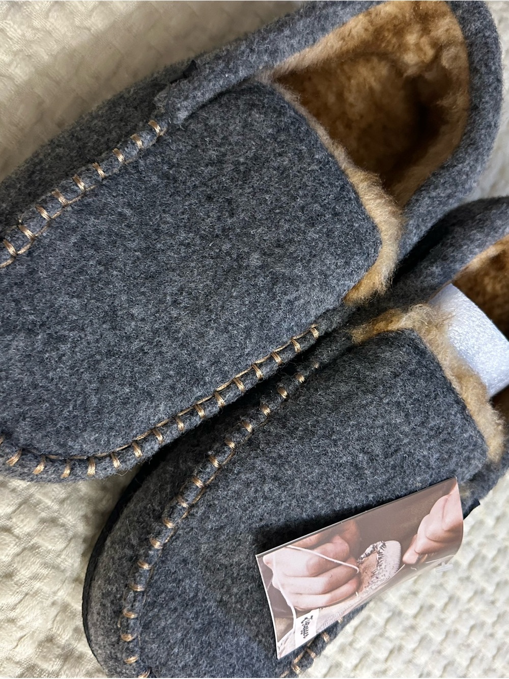 Men's Gray Felt Moccasin Slippers with Faux Fur Lining